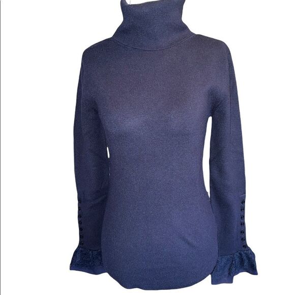 Soft Surroundings Navy Blue Turtle Neck with Button/Lace Cuffs - Picture 1 of 12